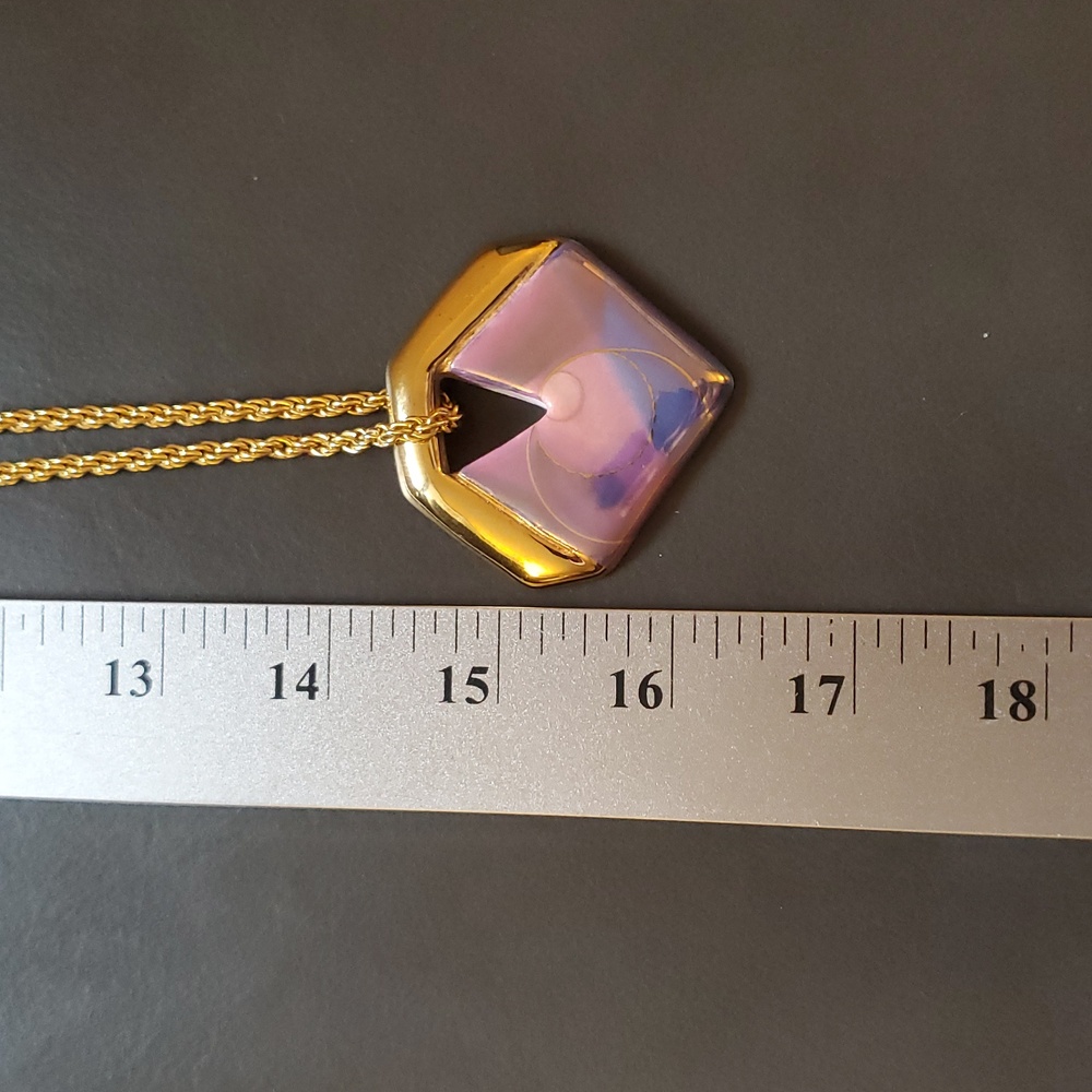 Vintage Gold Purple Blue Hand Painted Artist Signed Geometric Pendant Necklace - Picture 10 of 12
